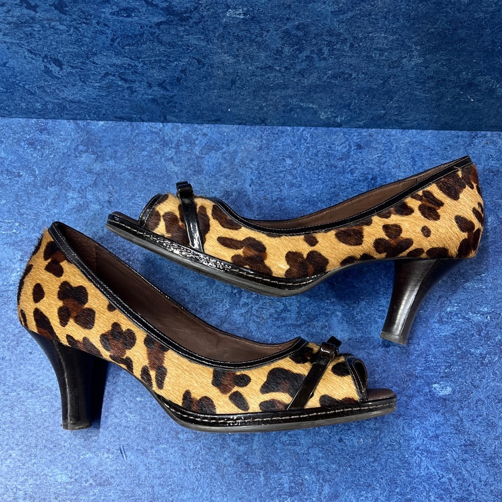 Nurture Sandee Leopard Print Leather Open Toed Pump Heels Women’s US Size 8.5